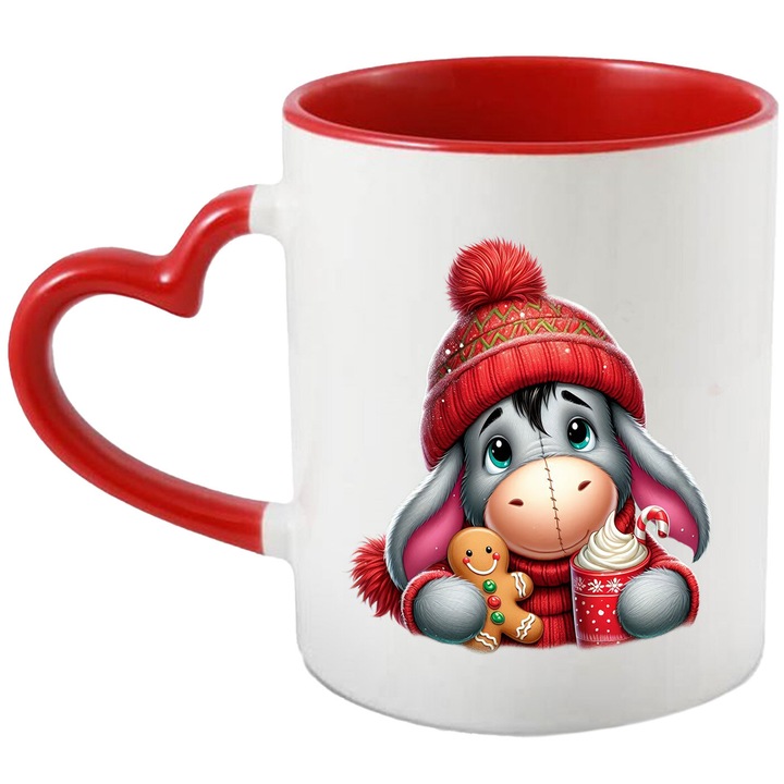 Cana Cu Eeyore – Personaj Disney Vesel si Melancolic, Cadou Original si Colorat, Ceramica, 330ML, Cu Maner Inima Rosie si Interior Rosu