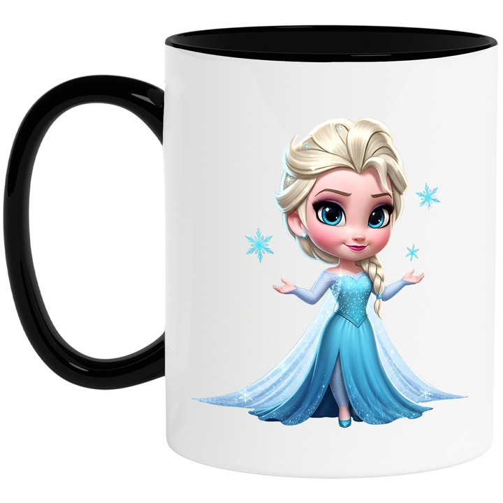 Cana Cu Elsa – Poveste Frozen Iconica si Nostalgica, Cadou Special si Colorat, Ceramica, 330ML, Cu Maner si Interior Negru
