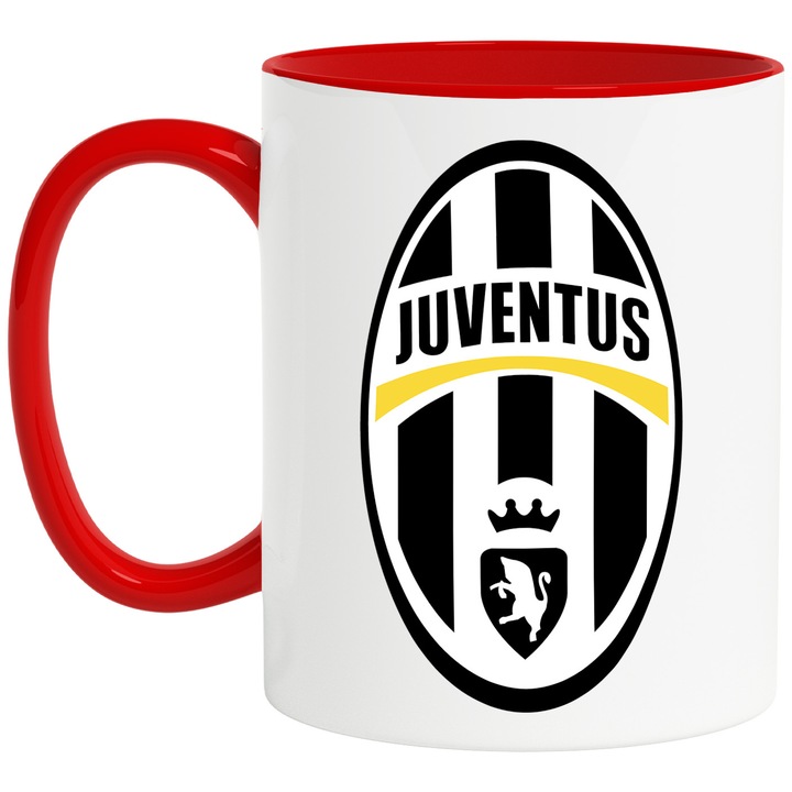 Cana Cu FC Juventus - Emblema Echipa Sportiva, Fotbal, Ceramica, 330ML, Cu Maner si Interior Rosu