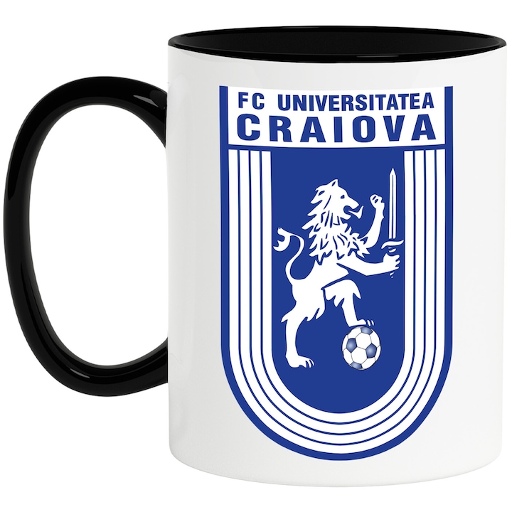 Cana Cu FC Universitatea Craiova - Emblema Echipa Sportiva, Fotbal, Ceramica, 330ML, Cu Maner si Interior Negru