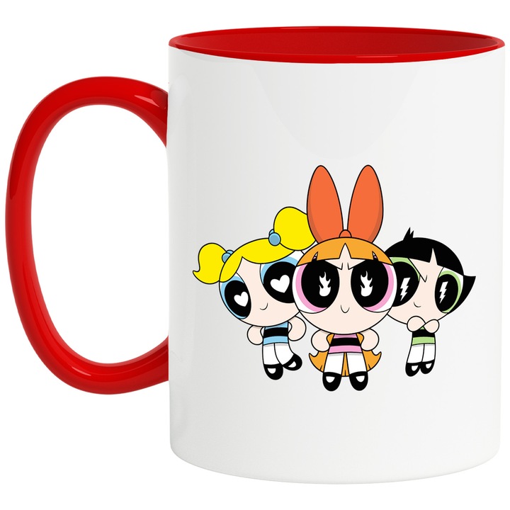 Cana Cu Fetitele Powerpuff – Personaje Vesel si Aventuros, Cadou Original si Inspirat, Ceramica, 330ML, Cu Maner si Interior Rosu