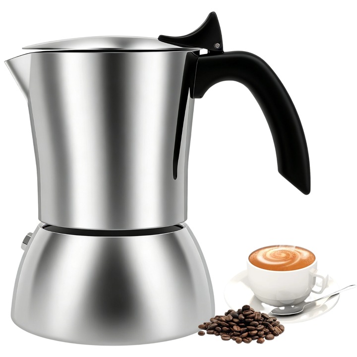 Moka SKS2-300 kotyogós kávéfőző – 300 ml / 6 csésze, intelligens rozsdamentes acél (felül 304 + alul 430), indukciós főzőlappal kompatibilis