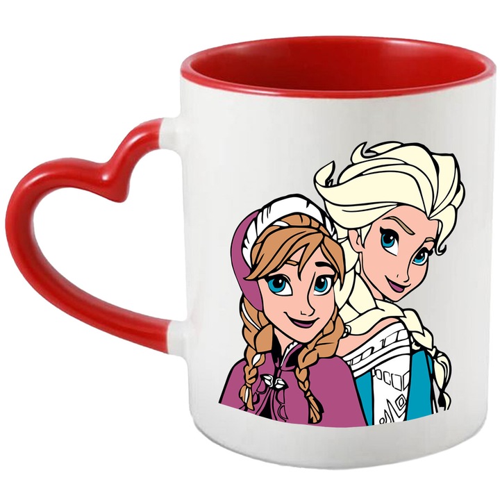 Cana Cu Elsa – Frozen, Aventura si Curaj, Arta Creativa si Vesela, Ceramica, 330ML, Cu Maner Inima Rosie si Interior Rosu