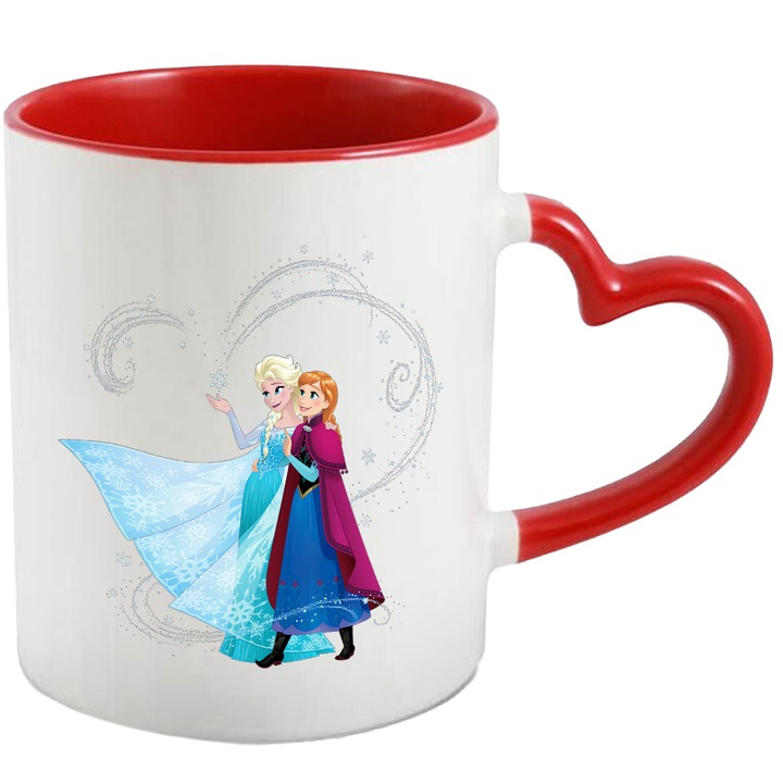 Cana Cu Elsa – Frozen, Determinare si Curaj, Design Creativ si Inspirat, Ceramica, 330ML, Cu Maner Inima Rosie si Interior Rosu
