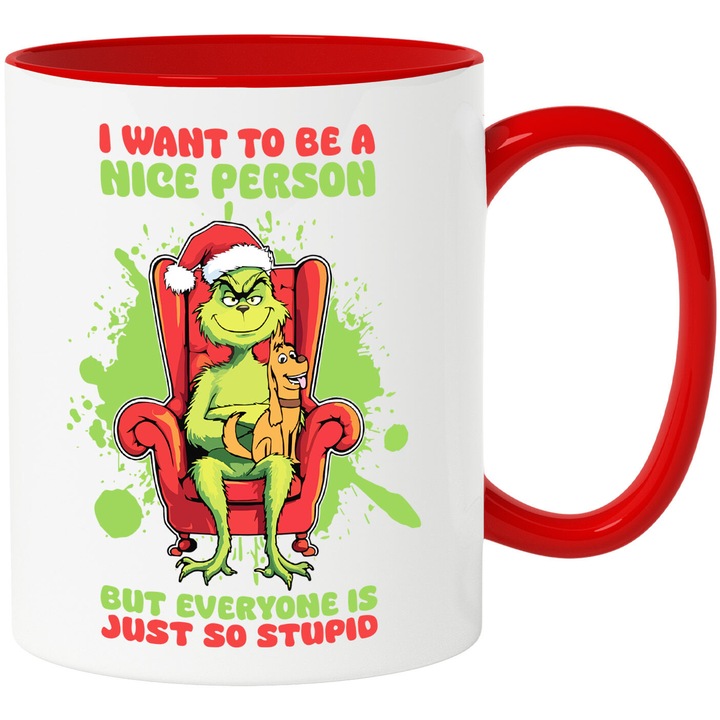 Grinch Bögre - Animált karakter a "How the Grinch Stole Christmas" című filmből - Grinch és jellegzetes nevetése, Kerámia, 330ML, Fogantyúval és Piros Belsővel
