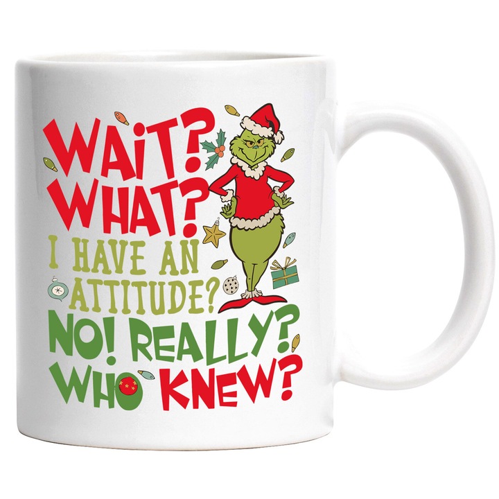 Cana Cu Grinch - Din "How the Grinch Stole Christmas" - Poza cu Grinch in stilul sau unic de Craciun, Ceramica, 330ML, Cu Maner si Interior Alb