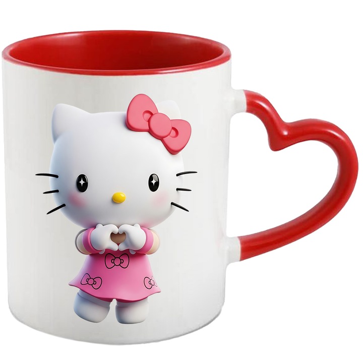 Cana Cu Hello Kitty – Personaj Japonez Iconic, Cadou Creativ si Fermecator, Ceramica, 330ML, Cu Maner Inima Rosie si Interior Rosu