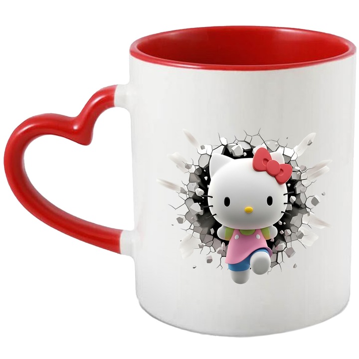 Cana Cu Hello Kitty – Stil Clasic si Jucaus, Cadou Original si Nostalgic, Ceramica, 330ML, Cu Maner Inima Rosie si Interior Rosu