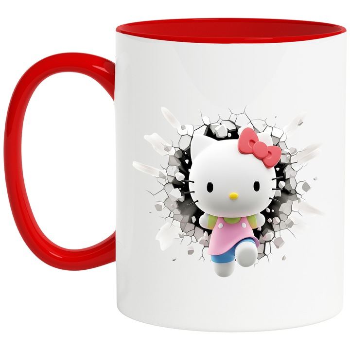 Cana Cu Hello Kitty – Stil Clasic si Jucaus, Cadou Original si Nostalgic, Ceramica, 330ML, Cu Maner si Interior Rosu