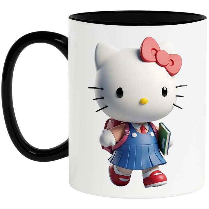 Cana Cu Hello Kitty – Personaj Vesel si Prietenos, Design Aventuros si Colorat, Ceramica, 330ML, Cu Maner si Interior Negru