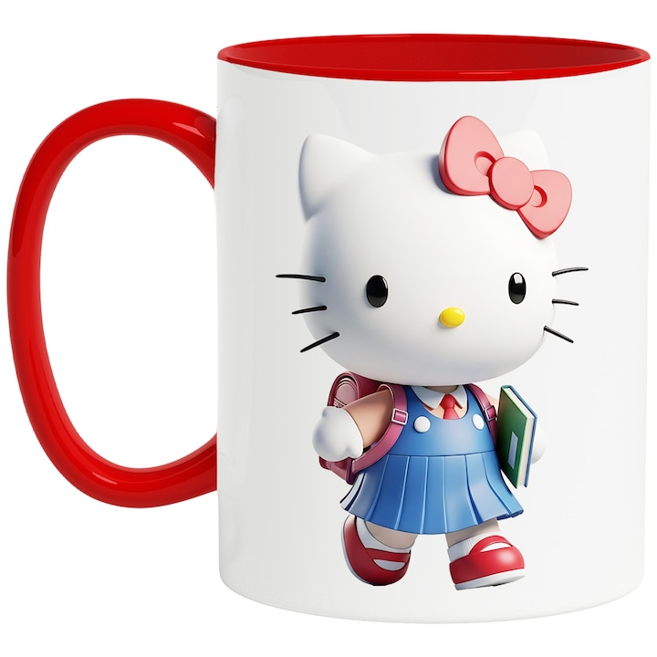Cana Cu Hello Kitty – Personaj Vesel si Prietenos, Design Aventuros si Colorat, Ceramica, 330ML, Cu Maner si Interior Rosu