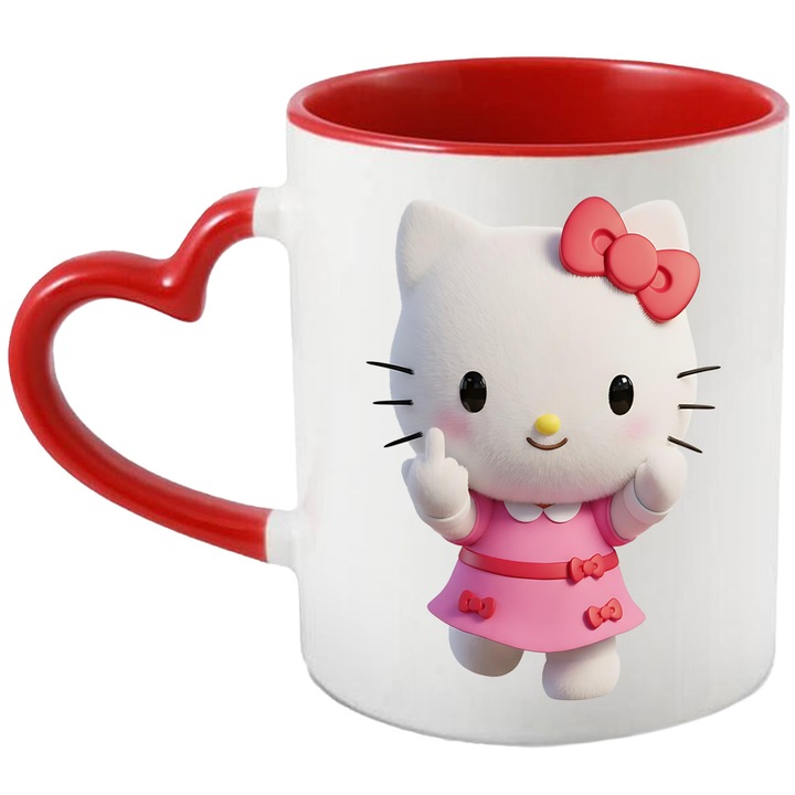 Cana Cu Hello Kitty – Bucurie in Stil Sanrio, Cadou Original si Inspirat, Ceramica, 330ML, Cu Maner Inima Rosie si Interior Rosu