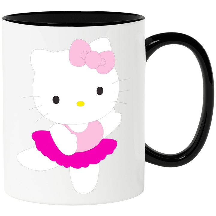 Cana Cu Hello Kitty – Faima si Dulceata, Cadou Original si Plin de Culoare, Ceramica, 330ML, Cu Maner si Interior Negru