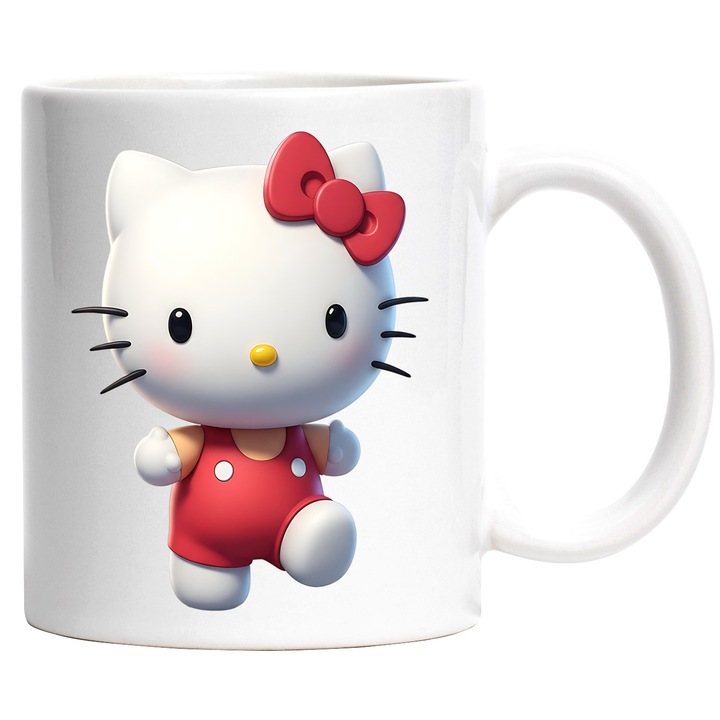 Cana Cu Hello Kitty – Personaj Plin de Farmec, Arta Creativa si Aventuroasa, Ceramica, 330ML, Cu Maner si Interior Alb
