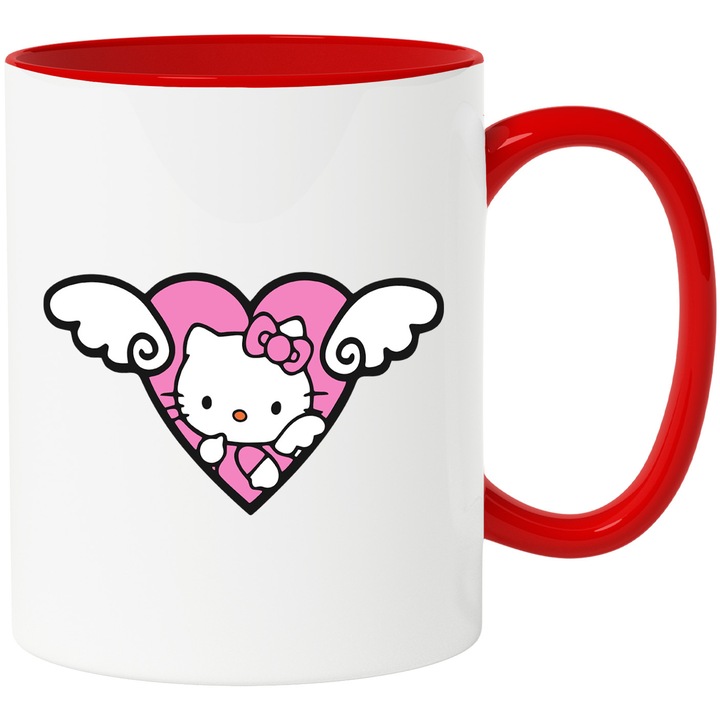 Cana Cu Hello Kitty – Dragalasenie si Aventura, Arta Creativa si Colorata, Ceramica, 330ML, Cu Maner si Interior Rosu