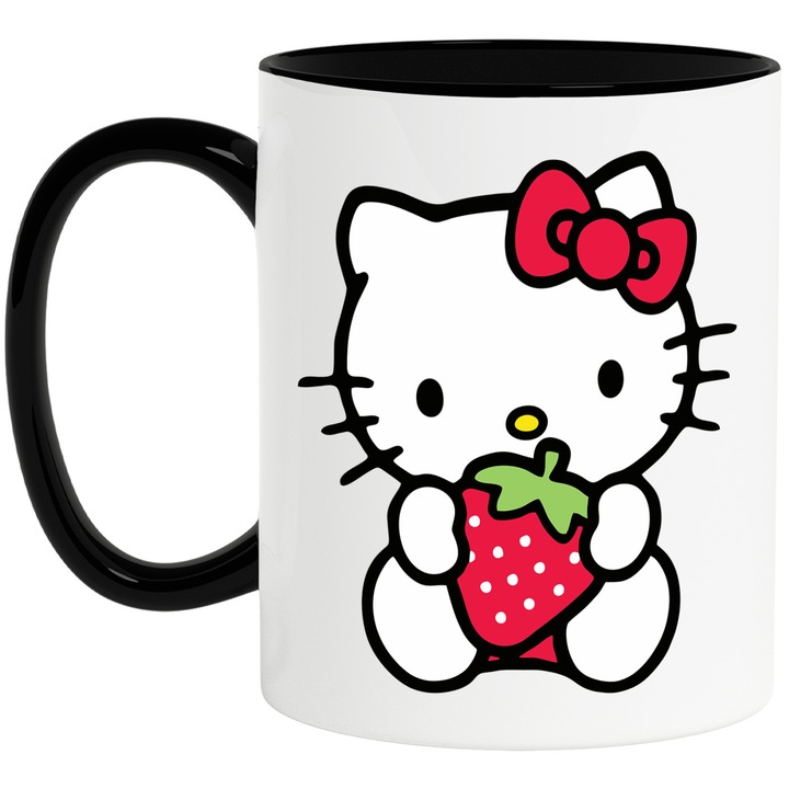 Cana Cu Hello Kitty – Culoare, Bucurie si Dragoste, Arta Inspirata si Vesela, Ceramica, 330ML, Cu Maner si Interior Negru