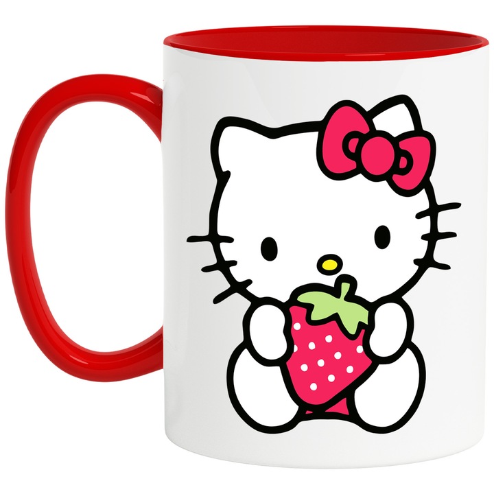 Cana Cu Hello Kitty – Culoare, Bucurie si Dragoste, Arta Inspirata si Vesela, Ceramica, 330ML, Cu Maner si Interior Rosu