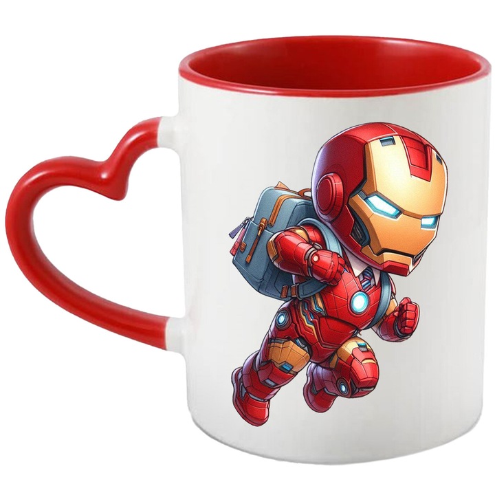 Cana Cu Iron Man – Zborul Metalic – Eleganta si Putere Inaltatoare, Ceramica, 330ML, Cu Maner Inima Rosie si Interior Rosu