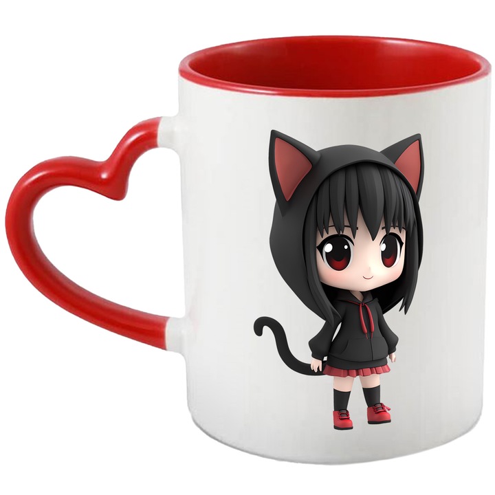 Cana Cu Korumi My Melody – Inima Roz – Magie, Zambete si Aventura, Ceramica, 330ML, Cu Maner Inima Rosie si Interior Rosu