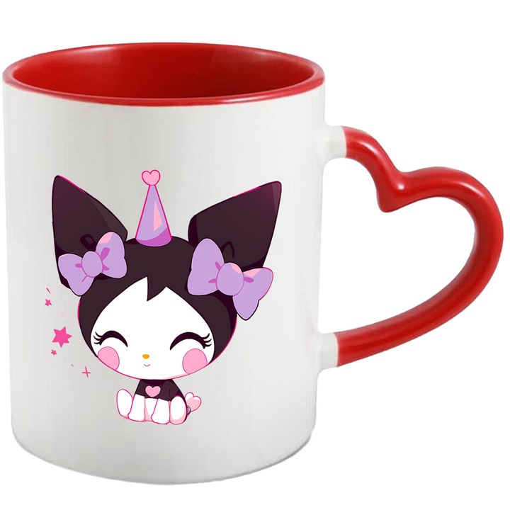 Cana Cu Korumi My Melody – Melodia Roz – Aventura, Prietenie si Emotie, Ceramica, 330ML, Cu Maner Inima Rosie si Interior Rosu