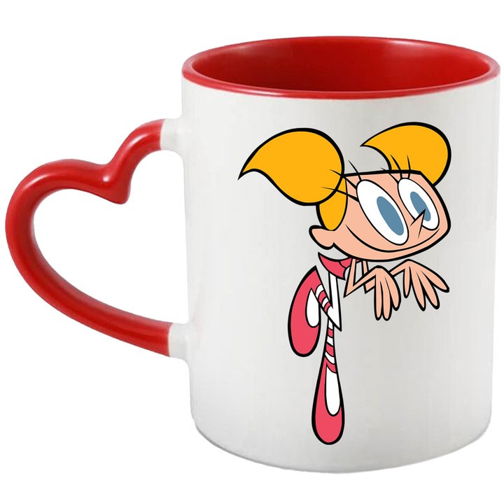 Cana Cu Laboratorul Lui Dexter Dee Dee – Haos Stralucitor – Aventura, Curiozitate si Emotie, Ceramica, 330ML, Cu Maner Inima Rosie si Interior Rosu
