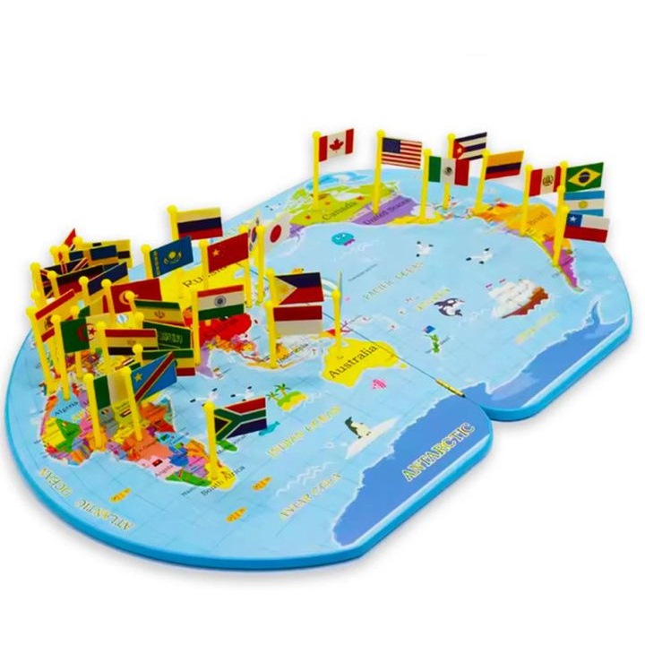 Harta Lumii din lemn cu 36 steaguri nationale, SARALMA®