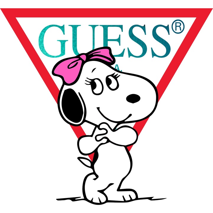 Sticker Adeziv Cu Snoopy, Cu Textul "Guess" - Design 6, cu Margini Albe, PVC Vinyl 50CM