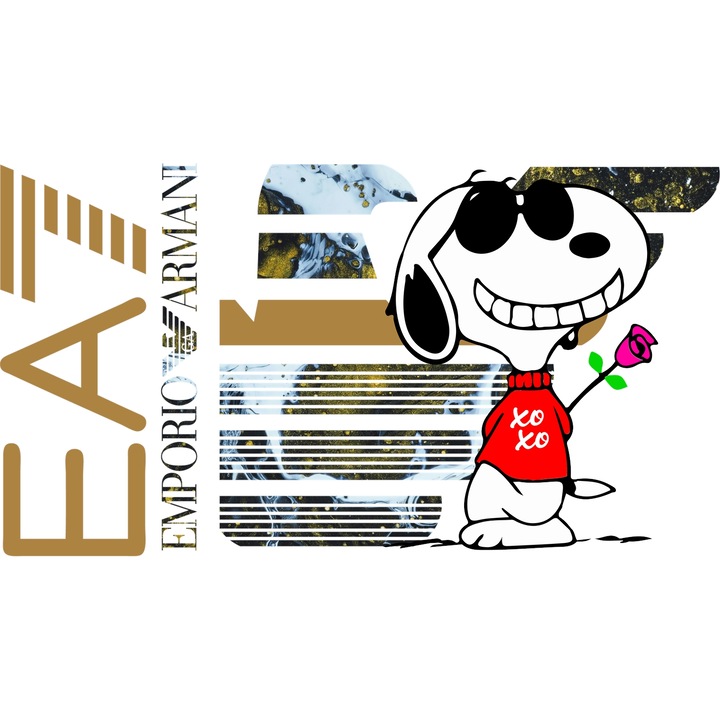 Sticker Adeziv Cu Snoopy, Cu Textul "Emporio Armani EA" - Design 10, cu Margini Albe, PVC Vinyl 90CM
