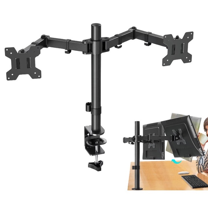Suport pentru monitor dublu, 2 monitoare, reglabil, 75x75/100x100mm, maxim 17,6 lbs, pentru birou, brate articulate, 13-32 inci