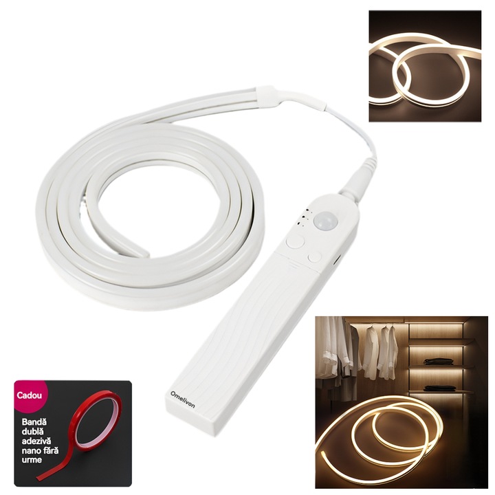 LED Неонова Лента със Сензор за Движение, 3м, неутрално бяло – USB/Батерии Захранване, Сензор за Светлина и 3 Режима на Осветление