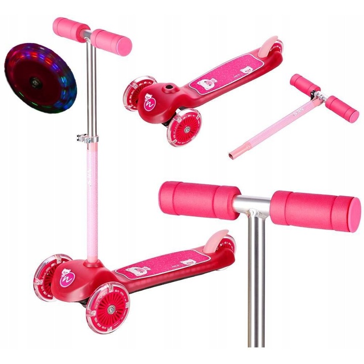 Тротинетка за деца Nils HLB001, розова, 3 колела, с платформа и LED колела, 56x25x57-67см