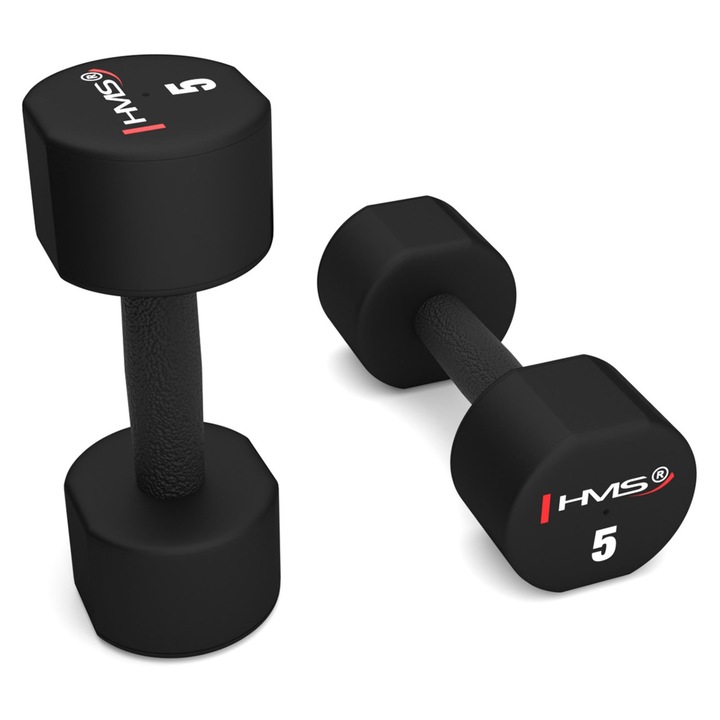 Set 2 x 5 kg gantere HPT, TPU, Negru, 24,5x3,1x6,2cm