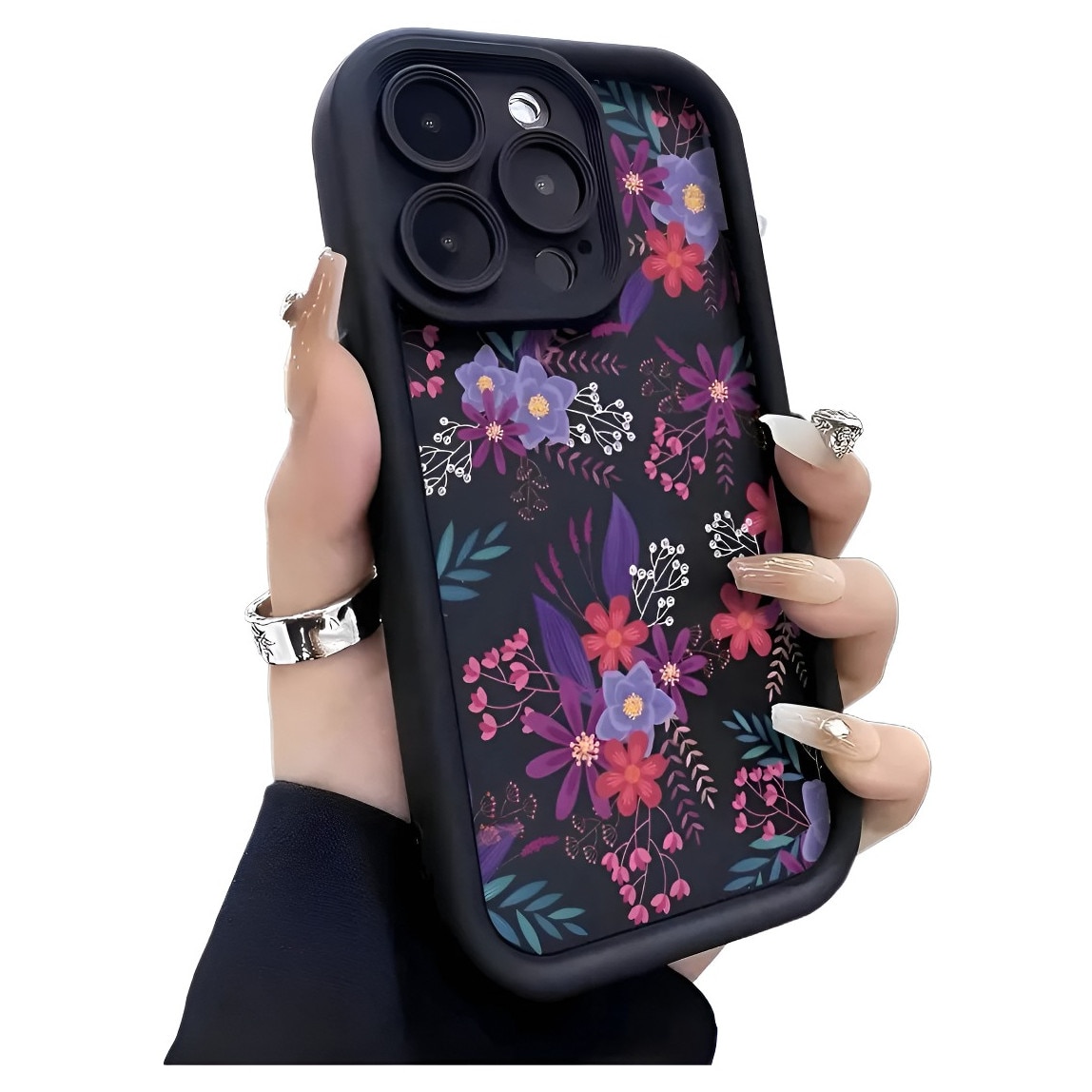 Husa de Protectie, Husa telefon compatibila iPhone 16 Pro, Anti Shock 1.5MM, flori albastre si albe, Protectie camera, ecran si colturi