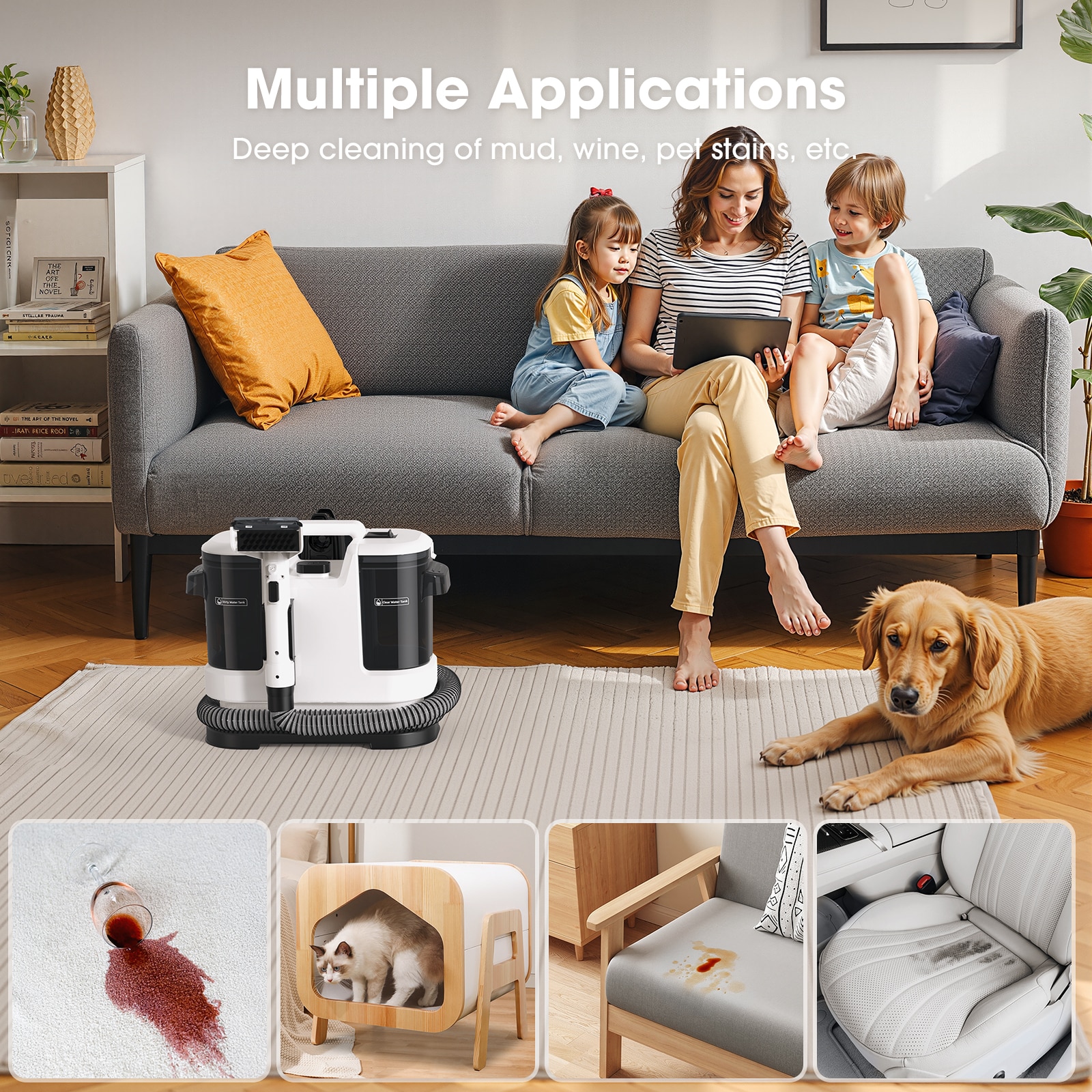 Aspirator cu spalare 3 In 1 Lubluelu V6 pentru tapiterii si covoare cu putere 450W rezervor Dublu 1.75L + 1L putere De Aspirare 12000Pa Zgomot ≤80dB