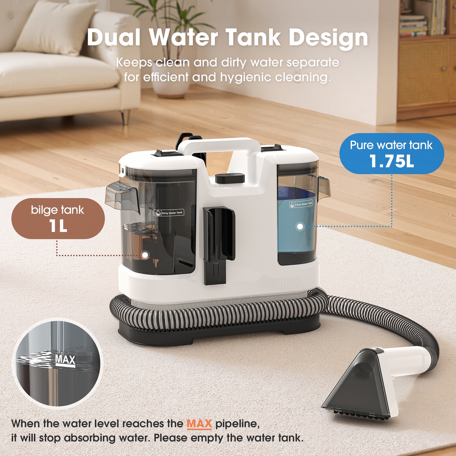 Aspirator cu spalare 3 In 1 Lubluelu V6 pentru tapiterii si covoare cu putere 450W rezervor Dublu 1.75L + 1L putere De Aspirare 12000Pa Zgomot ≤80dB