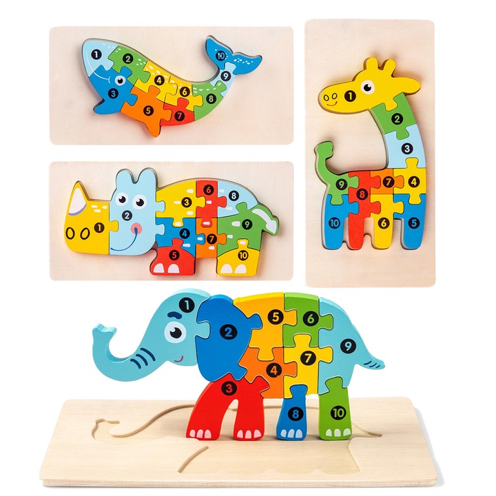 3D Дървен Пъзел, 4 в 1, който Развива Умения, Животни