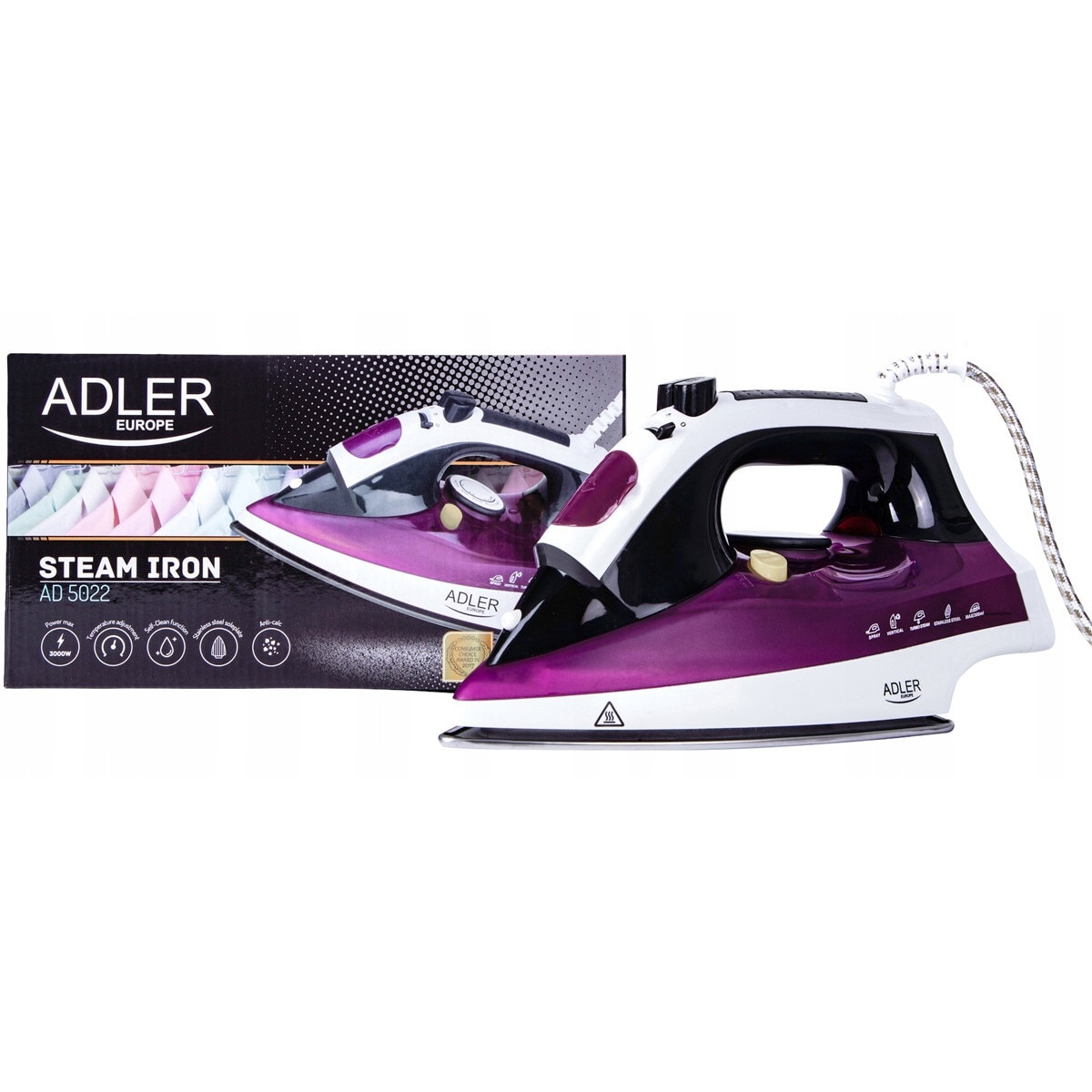 Fier de calcat ADLER 3000W abur autocuratare talpa otel 1.9m cablu