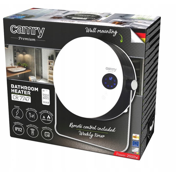 Нагревател за баня, Camry, 2000W, бял, стенен монтаж