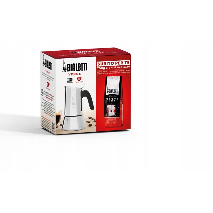 Комплект еспресо машини Bialetti New Venus 6, 6 чаши, инокс, сребрист, 240мл, с кафе Perfetto Moka Classic 250гр
