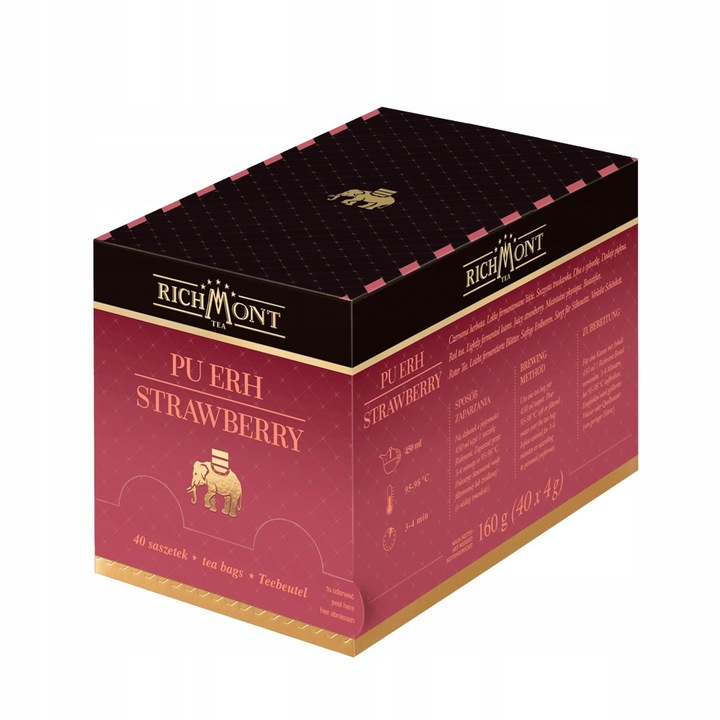 Ceai rosu Richmont Pu-Erh Strawberry, 40x4g, cu trandafiri uscati
