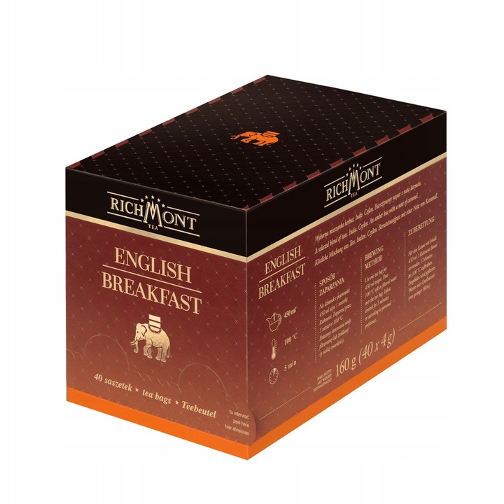 Ceai negru Richmont English Breakfast, 40 pliculete x 4g, aroma unica, provenienta Sri Lanka si India