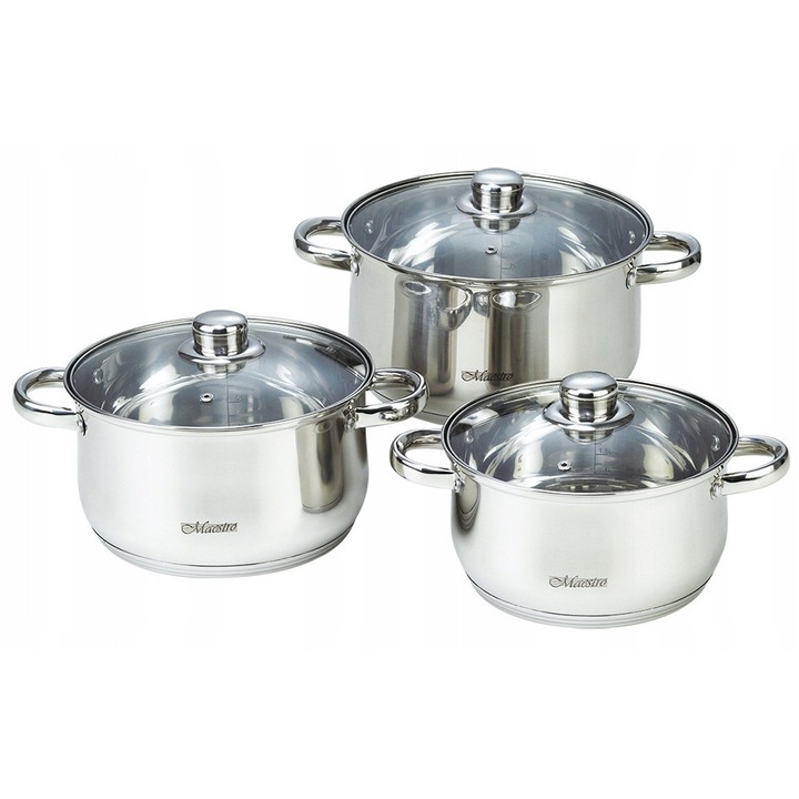 Set 3 oale din inox cu capac din sticla Maestro MR2020-6M, 2l, 3l, 4l