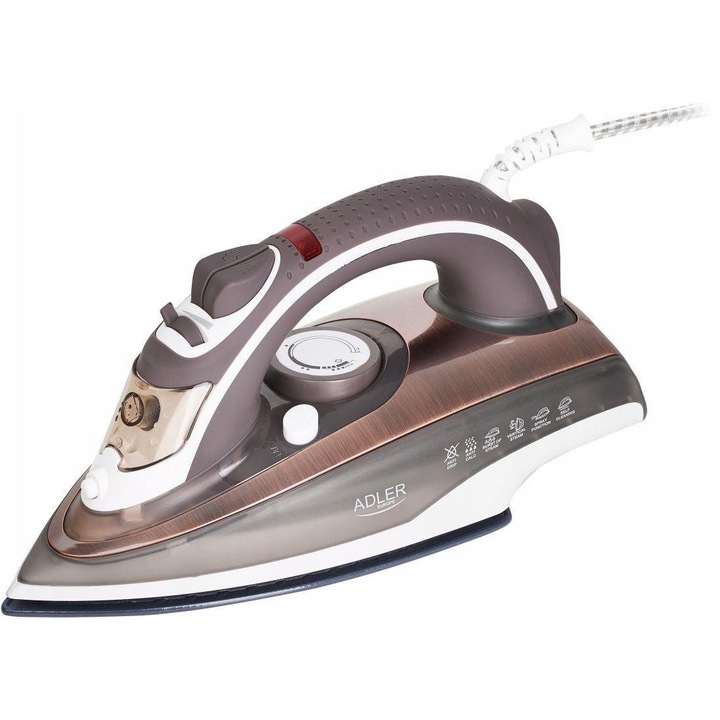 Fier de calcat cu aburi ADLER AD 5030, talpa ceramica, putere maxima 3000W, rezervor 310ml, abur continuu 20 g/min, lovitura abur 70 g/min, anti-calcar, auto-curatare, pulverizator, blocare picurare, cupru/alb