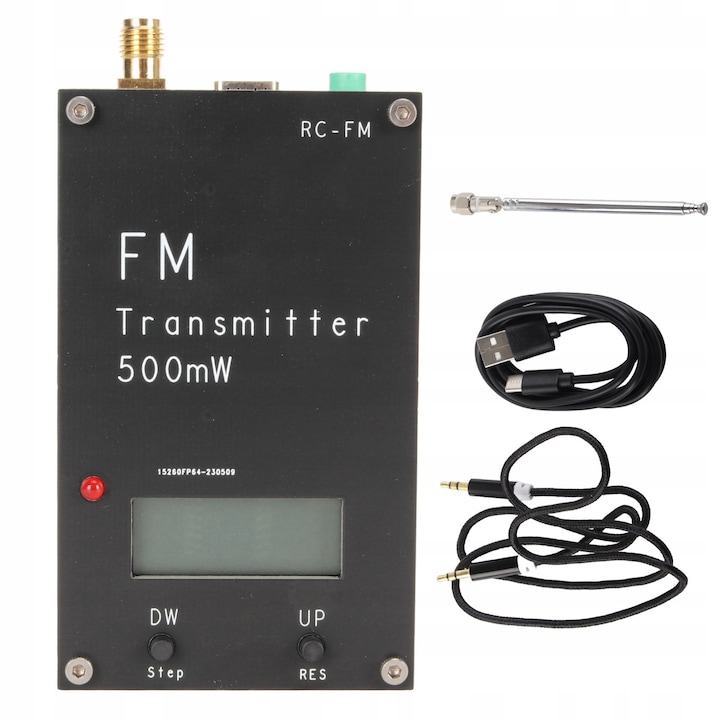 Transmitator FM 500 mW, 2000 m, display LCD, alimentare USB tip C