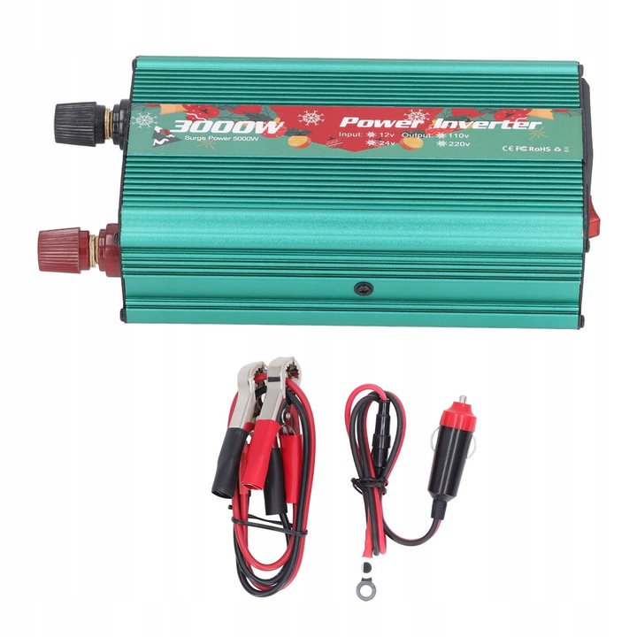 Inverter autóba, 3000W, DC12V-ról AC220V-ra, 1 USB porttal, alumínium, zöld