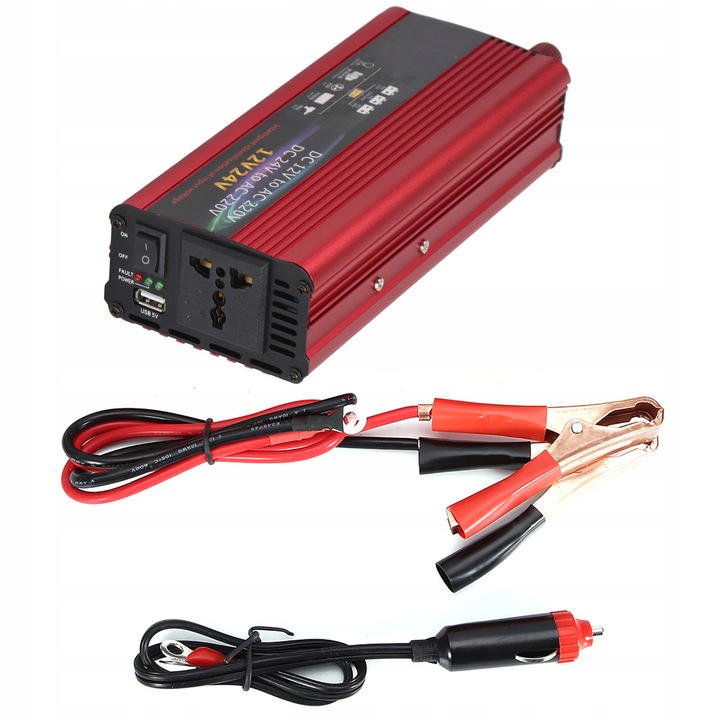 Inverter auto 12V la 220V 2000W, aluminiu, set cu 2 cabluri