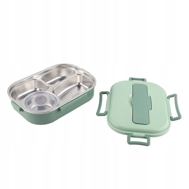 Élelmiszeres doboz, 1,5 L, 304-es rozsdamentes acél, fogantyúval, 26x18,5x8 cm, leveses tálkával és evőeszközökkel