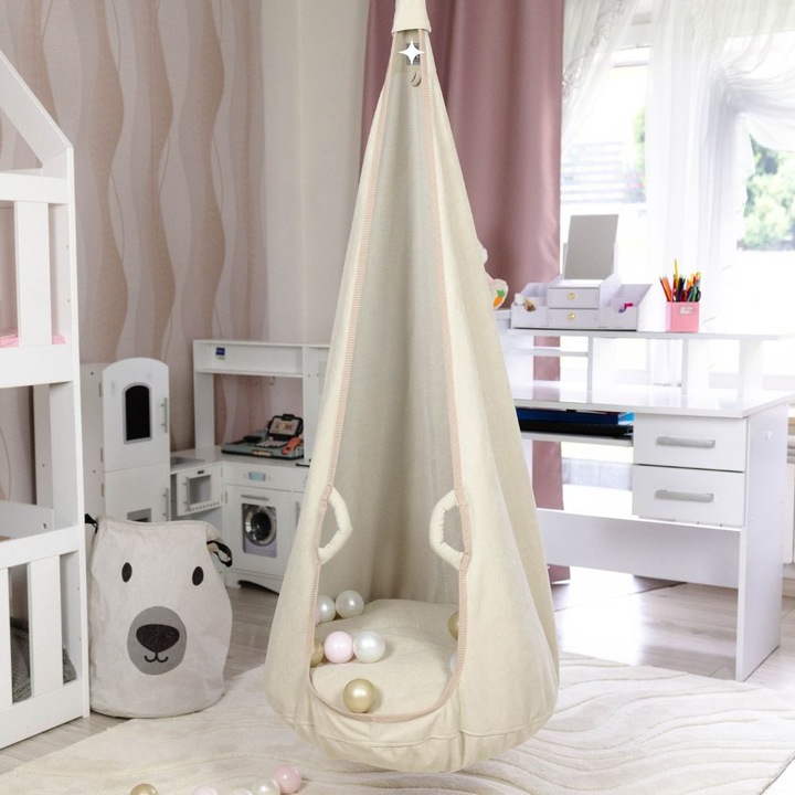 Висяща люлка за деца, Muminky, 160x70см, макс 60кг, комплект с възглавница и анкер, светлобежов