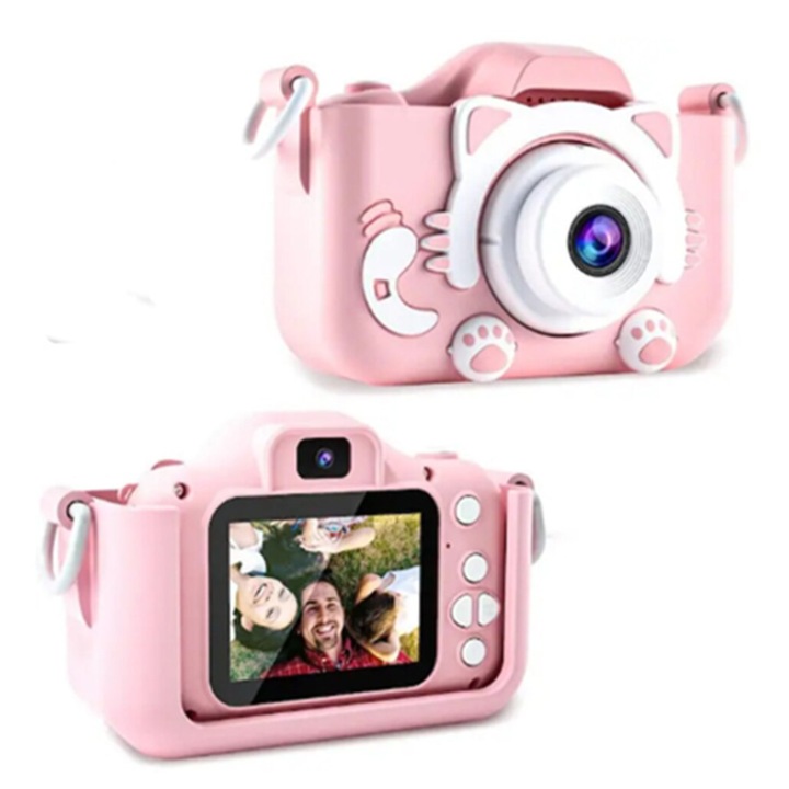 Aparat Foto Digital pentru Copii, 20 MP, Video 1080p, Ecran 2.0 inch, Jocuri si Muzica, Rezistent la Socuri, 600 mAh, 3+ Ani, Roz