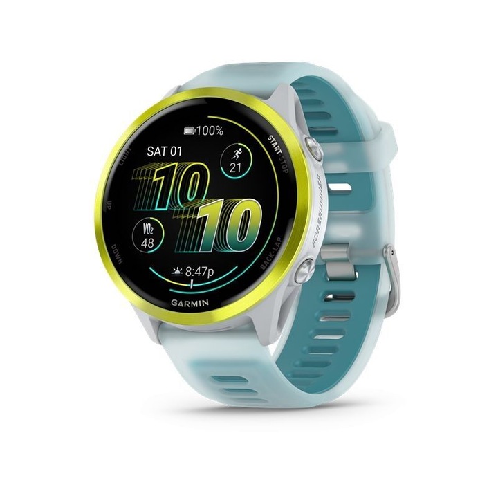 Ceas inteligent, Garmin, Forerunner 570, 47mm, bratara translucida alb-laptos/turcoaz, rezistent la apa, control muzica